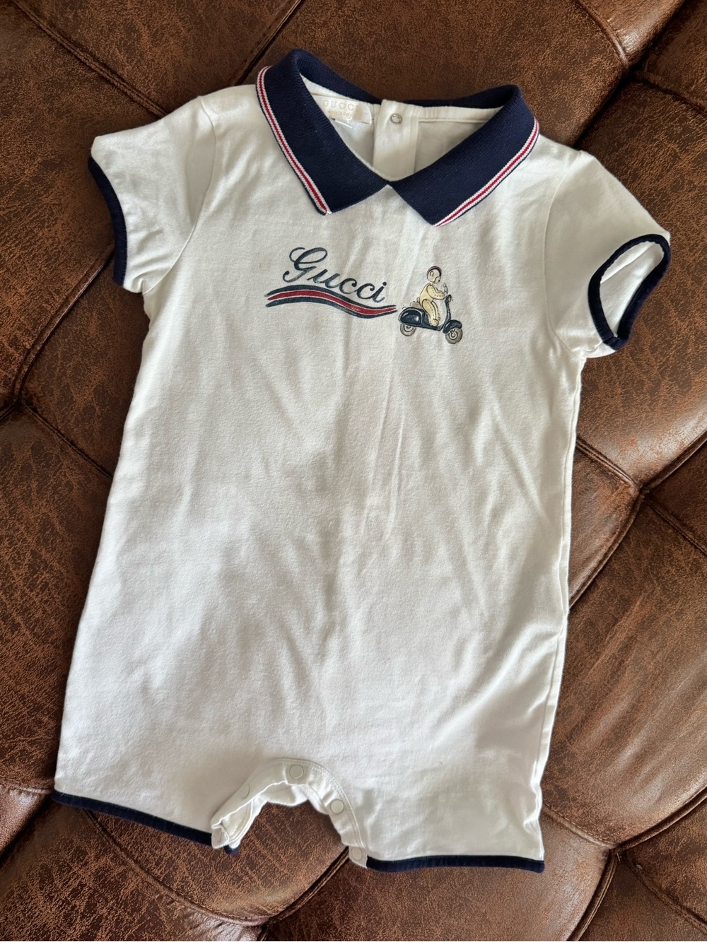 Gucci White Baby Romper with Navy Polo Collar and Trim